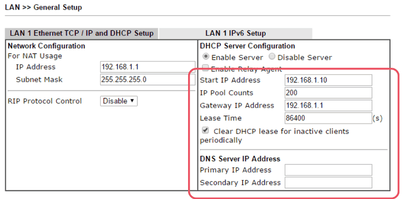 скриншот настроек DHCP DrayOS