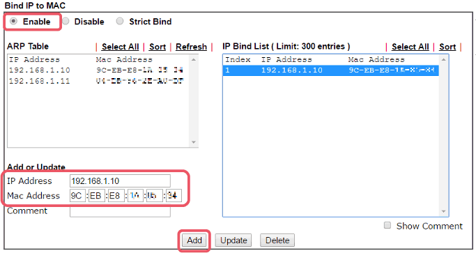 скриншот DrayOS Bind IP to MAC